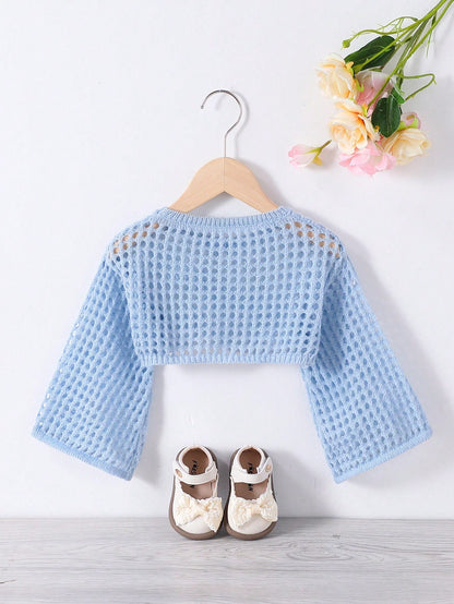 Young Girls' White Hollow Out Crop Sweater,Cute Bowknot Decor Drop Shoulder Round Neck Knitted Sweaters,Soft Casual Top For Daily,School,Vacation