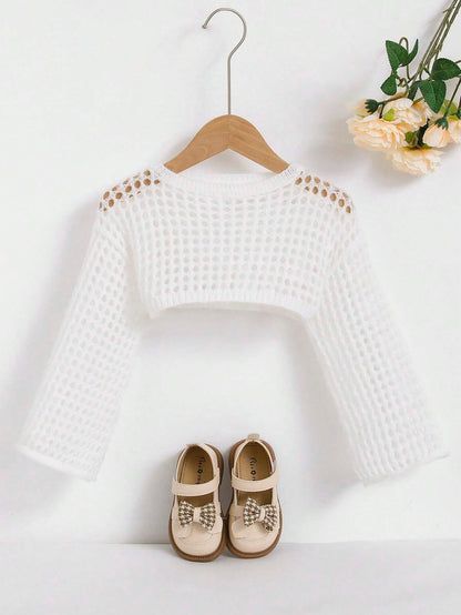 Young Girls' White Hollow Out Crop Sweater,Cute Bowknot Decor Drop Shoulder Round Neck Knitted Sweaters,Soft Casual Top For Daily,School,Vacation