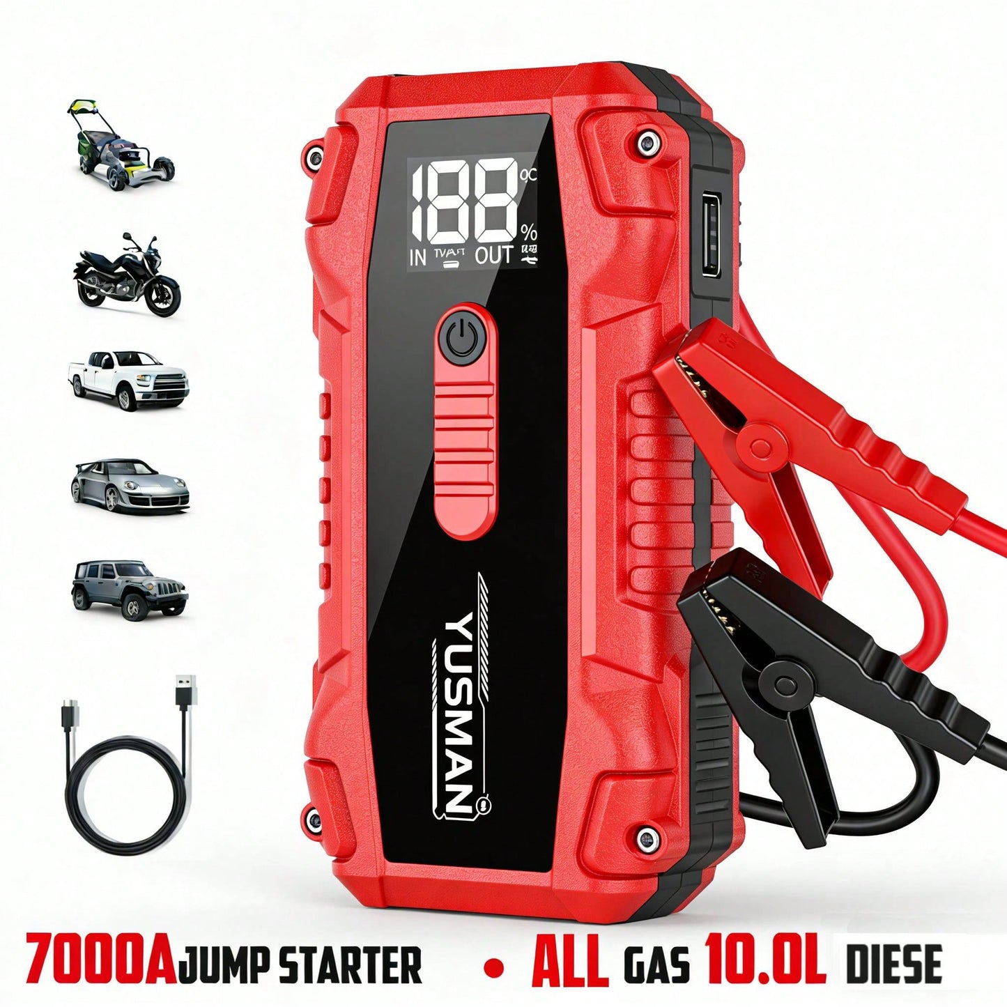 YUSMAN 7000A Portable Car Starter Battery Pack- Jump Box With Jumper Cables, Fast Charging, Large Display, Lights For All Gasoline/ 10.0L