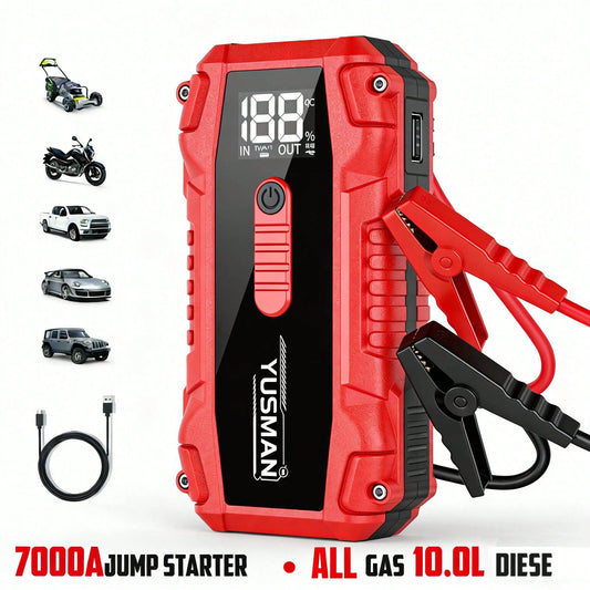 YUSMAN 7000A Portable Car Starter Battery Pack- Jump Box With Jumper Cables, Fast Charging, Large Display, Lights For All Gasoline/ 10.0L