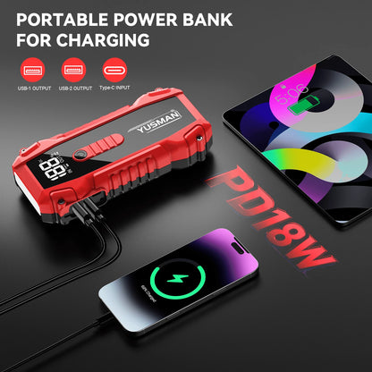 YUSMAN 7000A Portable Car Starter Battery Pack- Jump Box With Jumper Cables, Fast Charging, Large Display, Lights For All Gasoline/ 10.0L