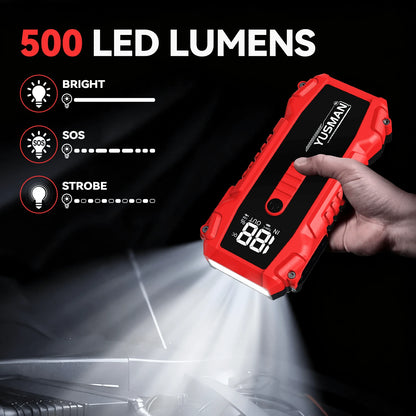 YUSMAN 7000A Portable Car Starter Battery Pack- Jump Box With Jumper Cables, Fast Charging, Large Display, Lights For All Gasoline/ 10.0L