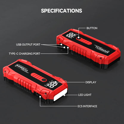YUSMAN 7000A Portable Car Starter Battery Pack- Jump Box With Jumper Cables, Fast Charging, Large Display, Lights For All Gasoline/ 10.0L