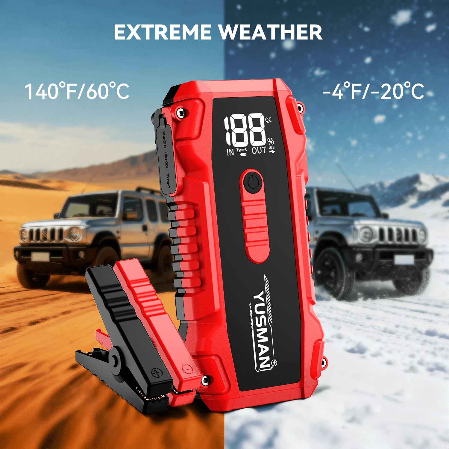 YUSMAN 7000A Portable Car Starter Battery Pack- Jump Box With Jumper Cables, Fast Charging, Large Display, Lights For All Gasoline/ 10.0L