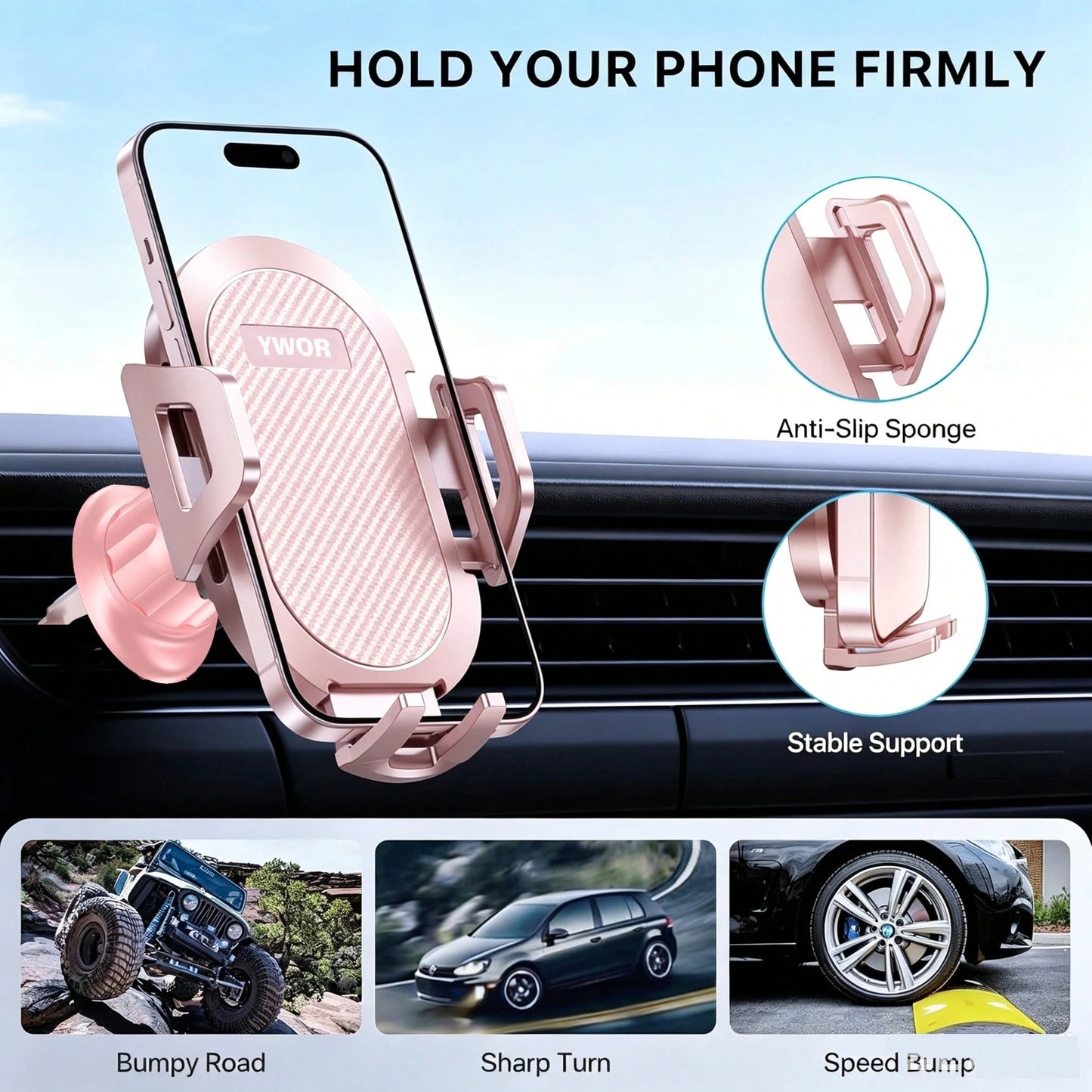 YWOR Pink Car Phone Holder, Air Vent Mount Phone Holder, 360° Rotation Horizontal/Vertical Switchable Navigation, Suitable For 4.7-7 Inch Phone Devices, Compatible With Trucks, Cars, Pickups, Etc., Pe