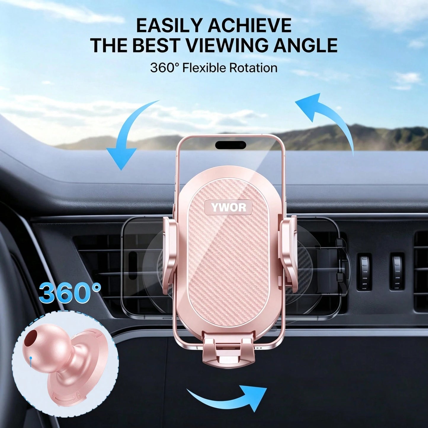YWOR Pink Car Phone Holder, Air Vent Mount Phone Holder, 360° Rotation Horizontal/Vertical Switchable Navigation, Suitable For 4.7-7 Inch Phone Devices, Compatible With Trucks, Cars, Pickups, Etc., Pe
