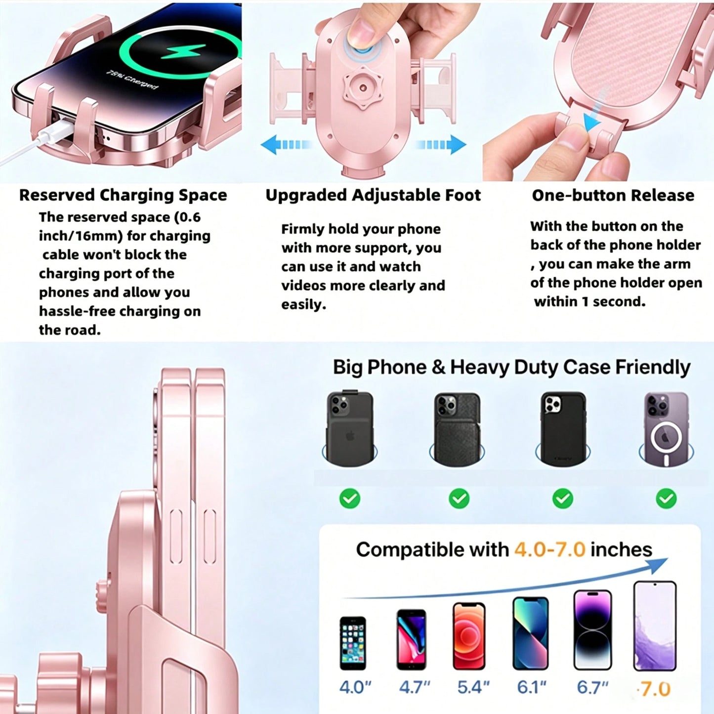 YWOR Pink Car Phone Holder, Air Vent Mount Phone Holder, 360° Rotation Horizontal/Vertical Switchable Navigation, Suitable For 4.7-7 Inch Phone Devices, Compatible With Trucks, Cars, Pickups, Etc., Pe