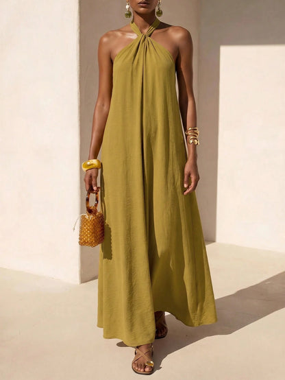 Zivah New Summer Casual Minimalist Elegant Vacation Boho Commuting Loose-Fitting Olive Green Halter Neck Crossover Women Long Dress,Suitable For Everyday