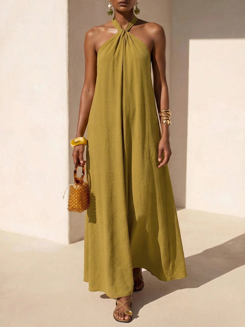 Zivah New Summer Casual Minimalist Elegant Vacation Boho Commuting Loose-Fitting Olive Green Halter Neck Crossover Women Long Dress,Suitable For Everyday