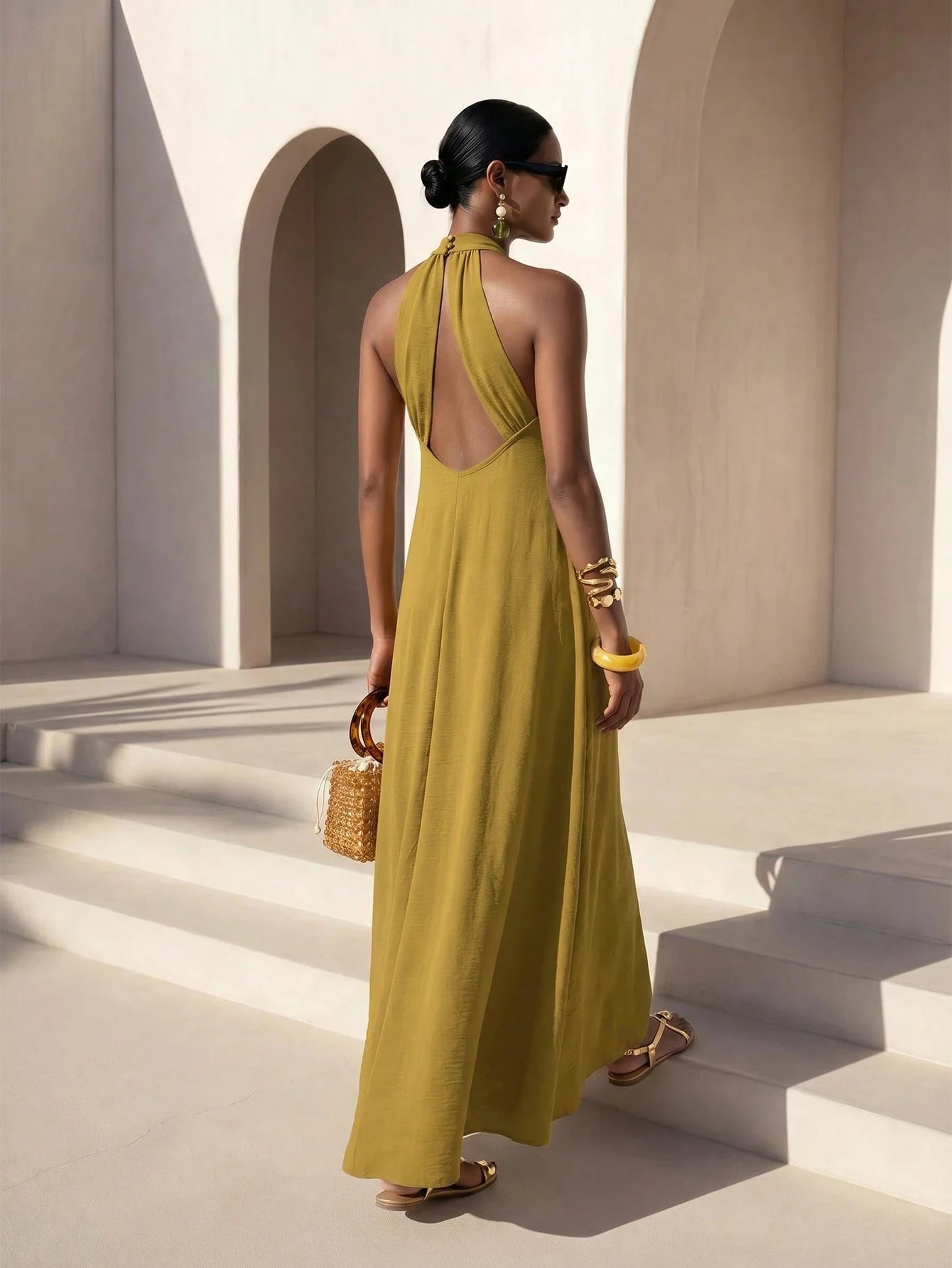 Zivah New Summer Casual Minimalist Elegant Vacation Boho Commuting Loose-Fitting Olive Green Halter Neck Crossover Women Long Dress,Suitable For Everyday