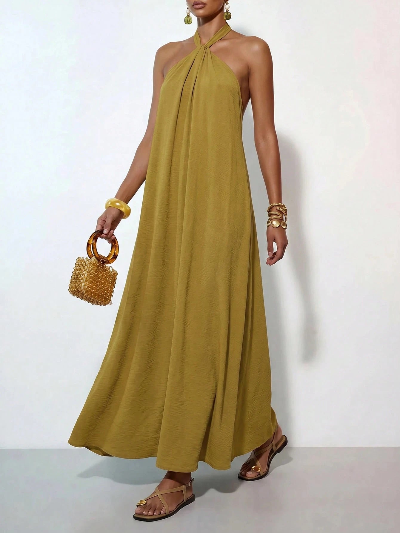 Zivah New Summer Casual Minimalist Elegant Vacation Boho Commuting Loose-Fitting Olive Green Halter Neck Crossover Women Long Dress,Suitable For Everyday