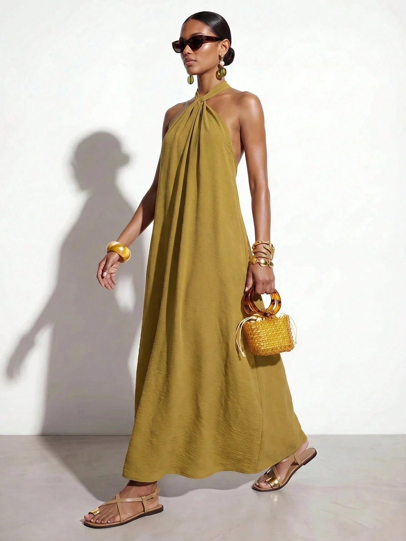 Zivah New Summer Casual Minimalist Elegant Vacation Boho Commuting Loose-Fitting Olive Green Halter Neck Crossover Women Long Dress,Suitable For Everyday