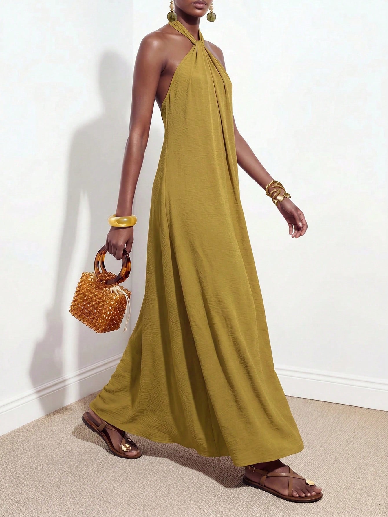 Zivah New Summer Casual Minimalist Elegant Vacation Boho Commuting Loose-Fitting Olive Green Halter Neck Crossover Women Long Dress,Suitable For Everyday