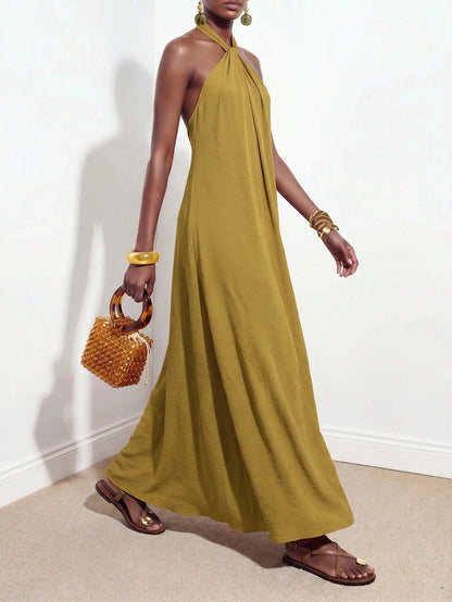 Zivah New Summer Casual Minimalist Elegant Vacation Boho Commuting Loose-Fitting Olive Green Halter Neck Crossover Women Long Dress,Suitable For Everyday