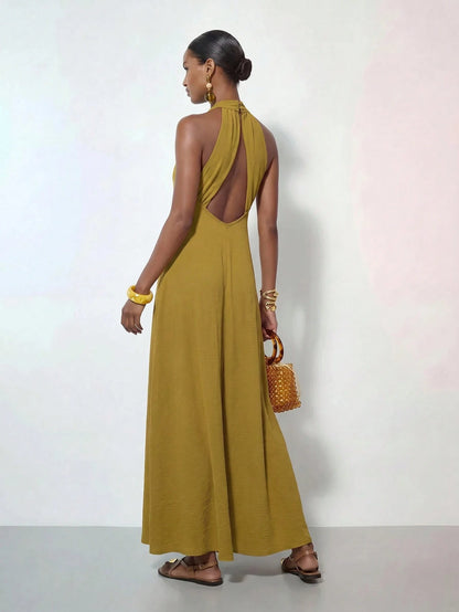 Zivah New Summer Casual Minimalist Elegant Vacation Boho Commuting Loose-Fitting Olive Green Halter Neck Crossover Women Long Dress,Suitable For Everyday