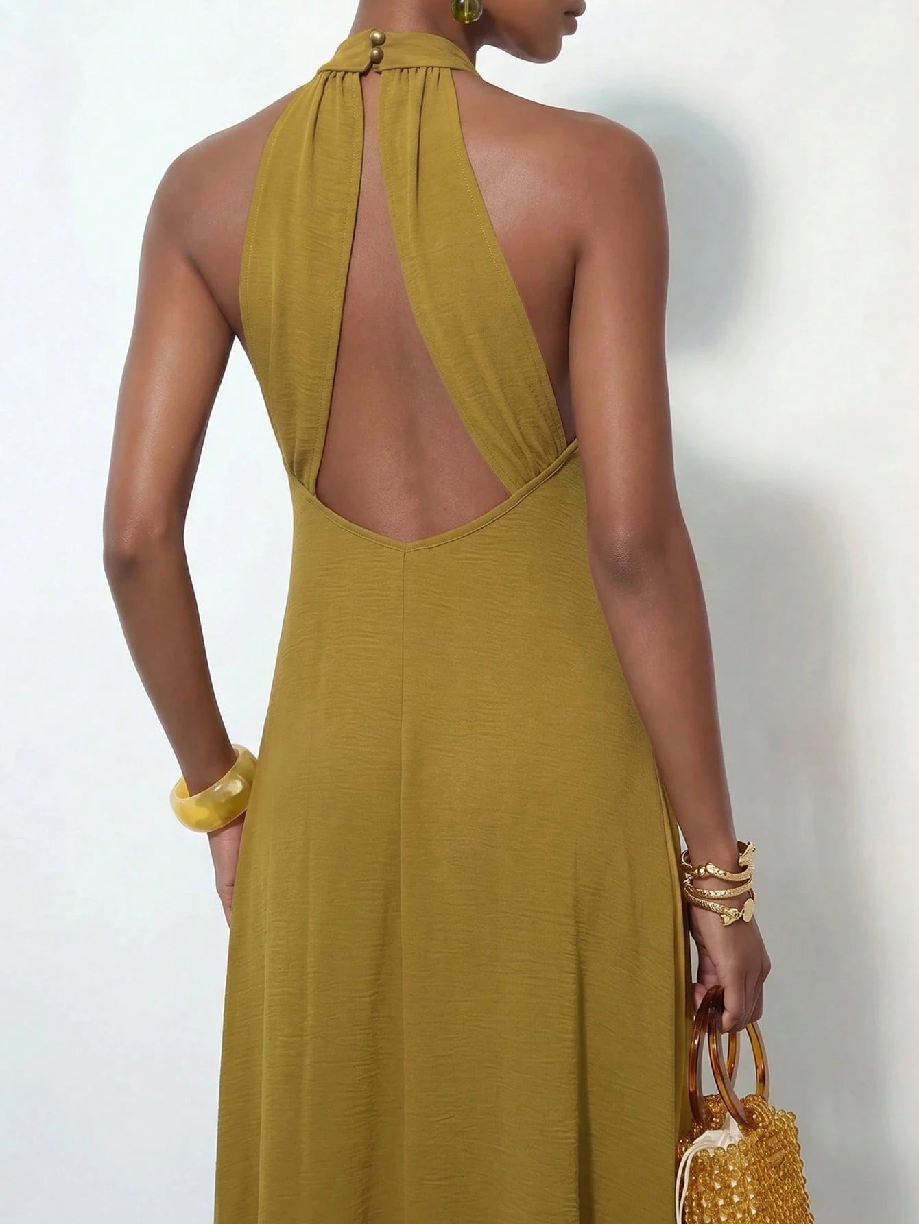 Zivah New Summer Casual Minimalist Elegant Vacation Boho Commuting Loose-Fitting Olive Green Halter Neck Crossover Women Long Dress,Suitable For Everyday