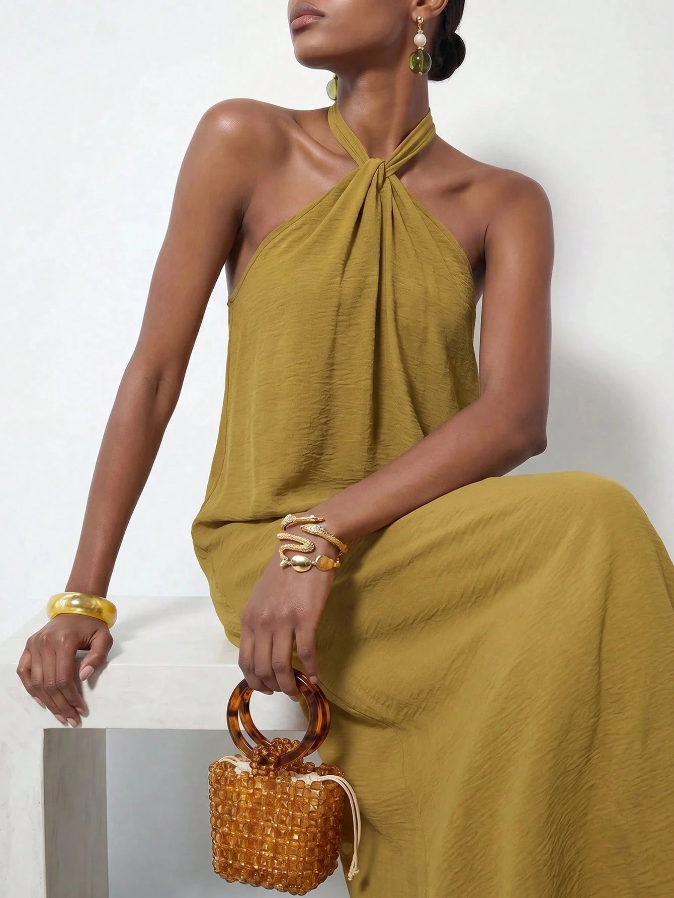 Zivah New Summer Casual Minimalist Elegant Vacation Boho Commuting Loose-Fitting Olive Green Halter Neck Crossover Women Long Dress,Suitable For Everyday