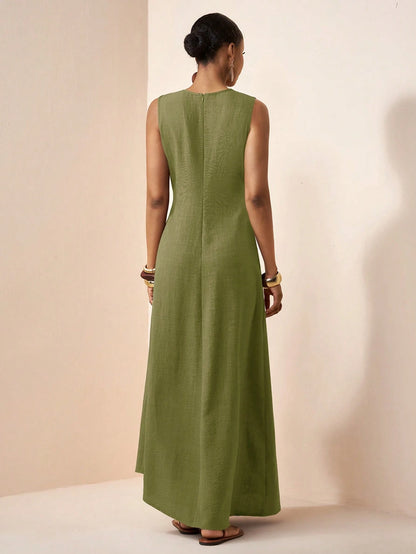 Zivah Women's Modest Olive Green Summer Linen Long Dress,Casual Loose-Fitting Pleated A-Line Patchwork Boho Style For Holiday Vacation,Travel,Western Vibes