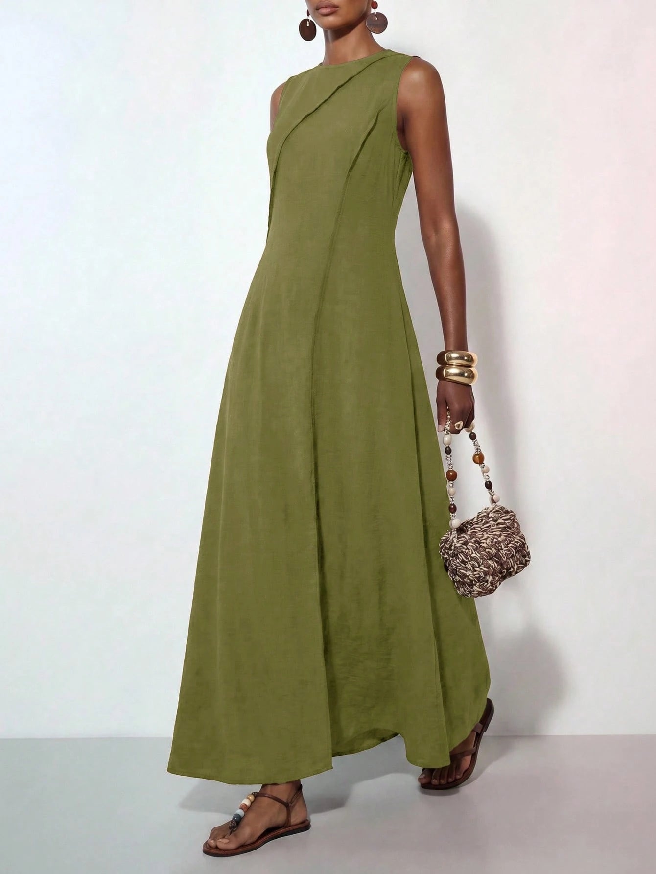 Zivah Women's Modest Olive Green Summer Linen Long Dress,Casual Loose-Fitting Pleated A-Line Patchwork Boho Style For Holiday Vacation,Travel,Western Vibes