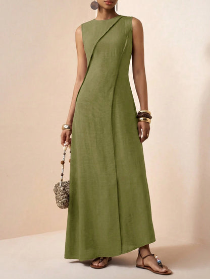 Zivah Women's Modest Olive Green Summer Linen Long Dress,Casual Loose-Fitting Pleated A-Line Patchwork Boho Style For Holiday Vacation,Travel,Western Vibes