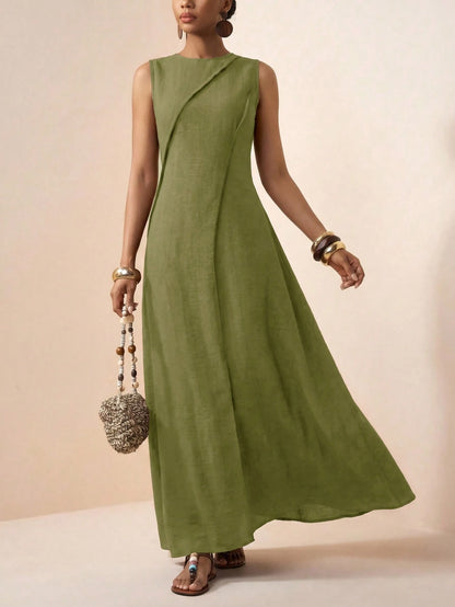 Zivah Women's Modest Olive Green Summer Linen Long Dress,Casual Loose-Fitting Pleated A-Line Patchwork Boho Style For Holiday Vacation,Travel,Western Vibes
