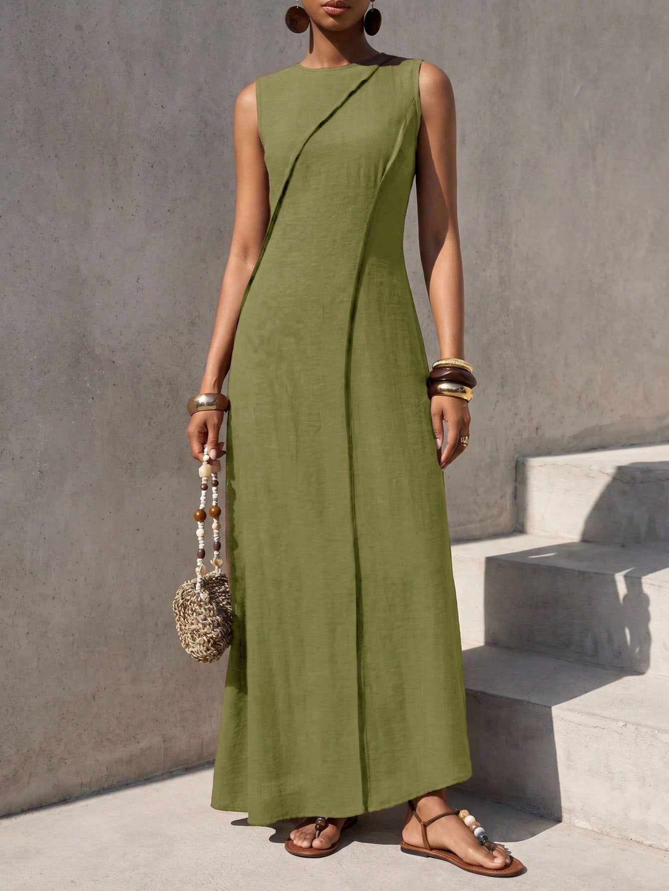 Zivah Women's Modest Olive Green Summer Linen Long Dress,Casual Loose-Fitting Pleated A-Line Patchwork Boho Style For Holiday Vacation,Travel,Western Vibes