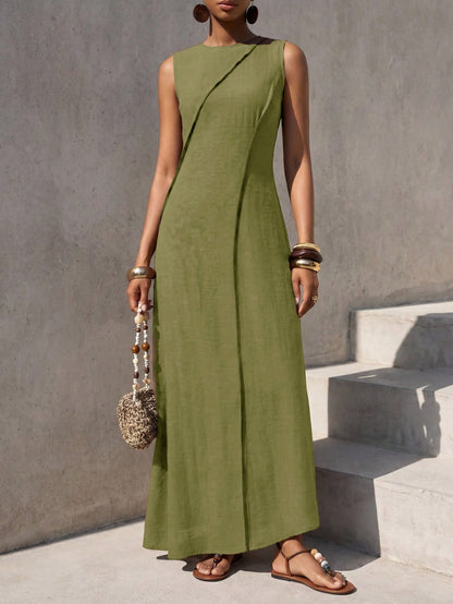 Zivah Women's Modest Olive Green Summer Linen Long Dress,Casual Loose-Fitting Pleated A-Line Patchwork Boho Style For Holiday Vacation,Travel,Western Vibes