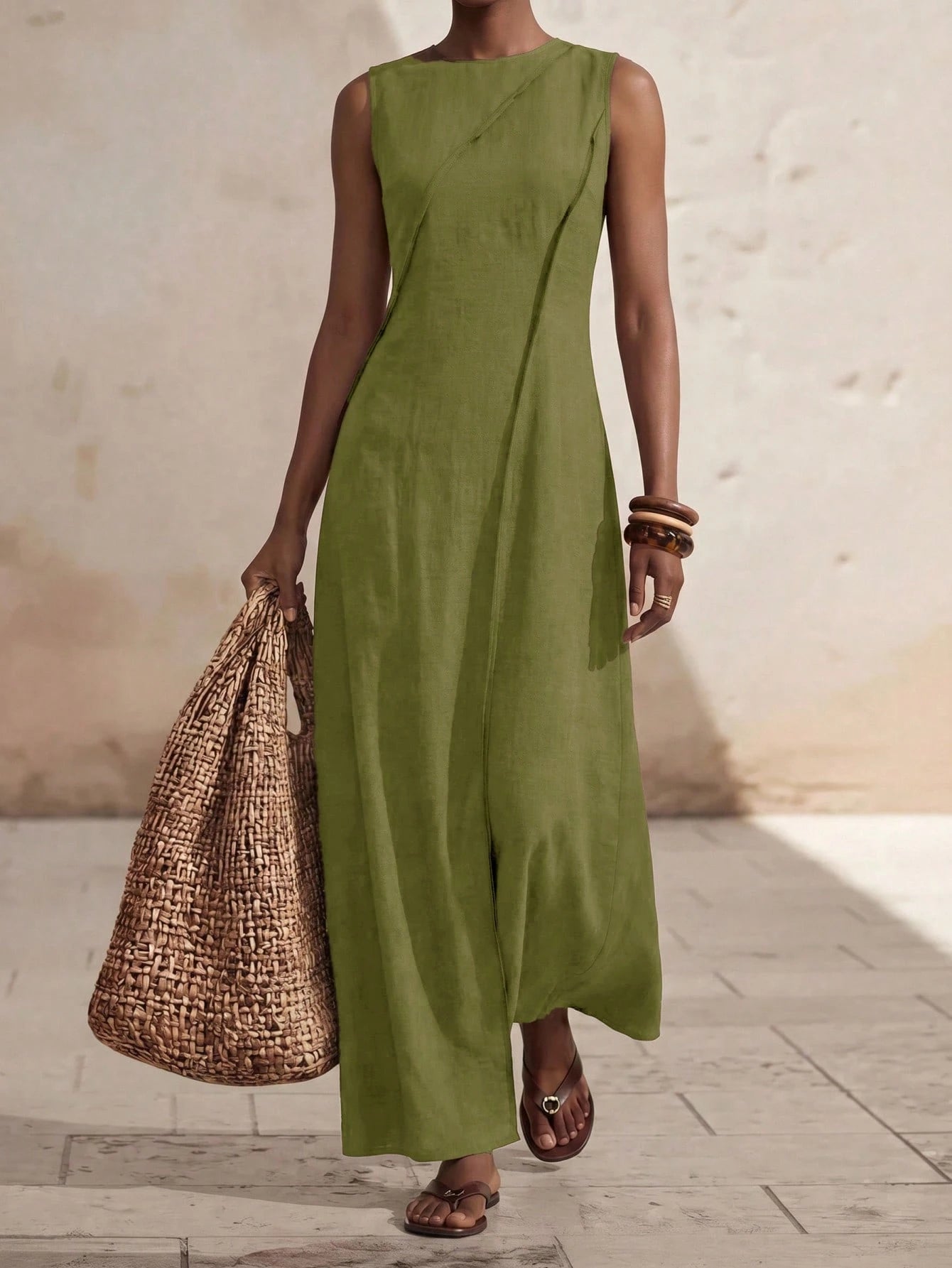 Zivah Women's Modest Olive Green Summer Linen Long Dress,Casual Loose-Fitting Pleated A-Line Patchwork Boho Style For Holiday Vacation,Travel,Western Vibes