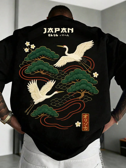 Zrgoth Men's Casual Versatile Minimalist Japanese Crane Print Short Sleeve T-Shirt