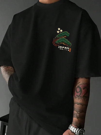 Zrgoth Men's Casual Versatile Minimalist Japanese Crane Print Short Sleeve T-Shirt