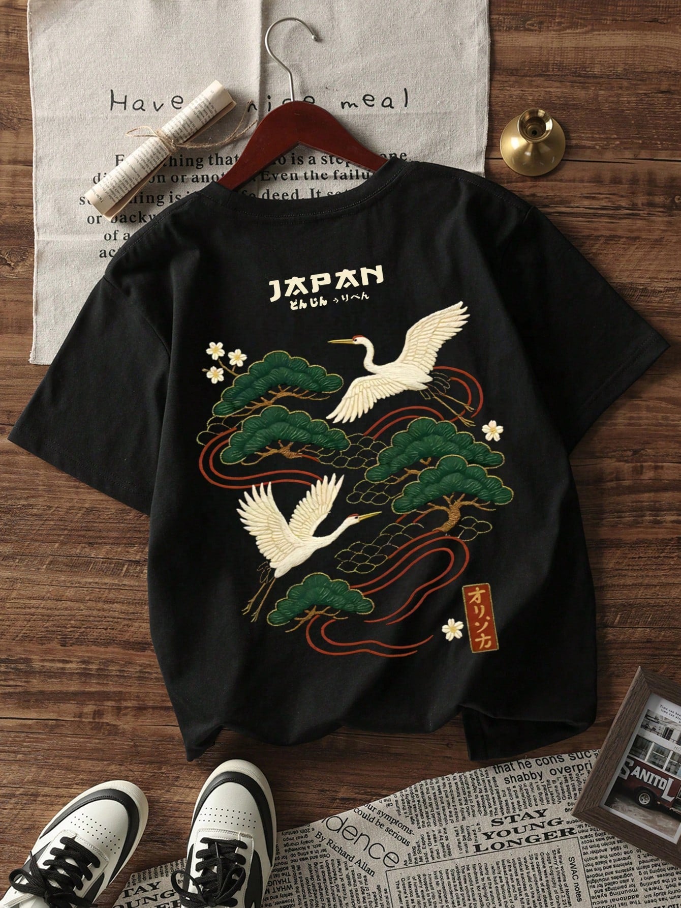 Zrgoth Men's Casual Versatile Minimalist Japanese Crane Print Short Sleeve T-Shirt