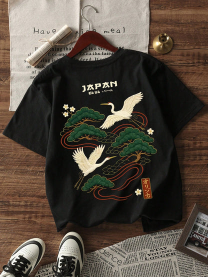 Zrgoth Men's Casual Versatile Minimalist Japanese Crane Print Short Sleeve T-Shirt