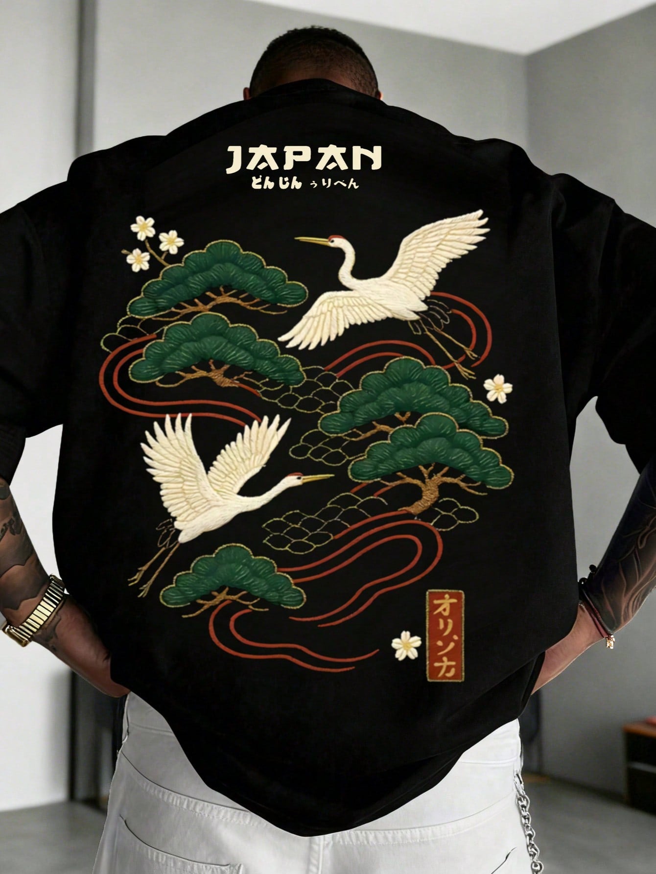 Zrgoth Men's Casual Versatile Minimalist Japanese Crane Print Short Sleeve T-Shirt